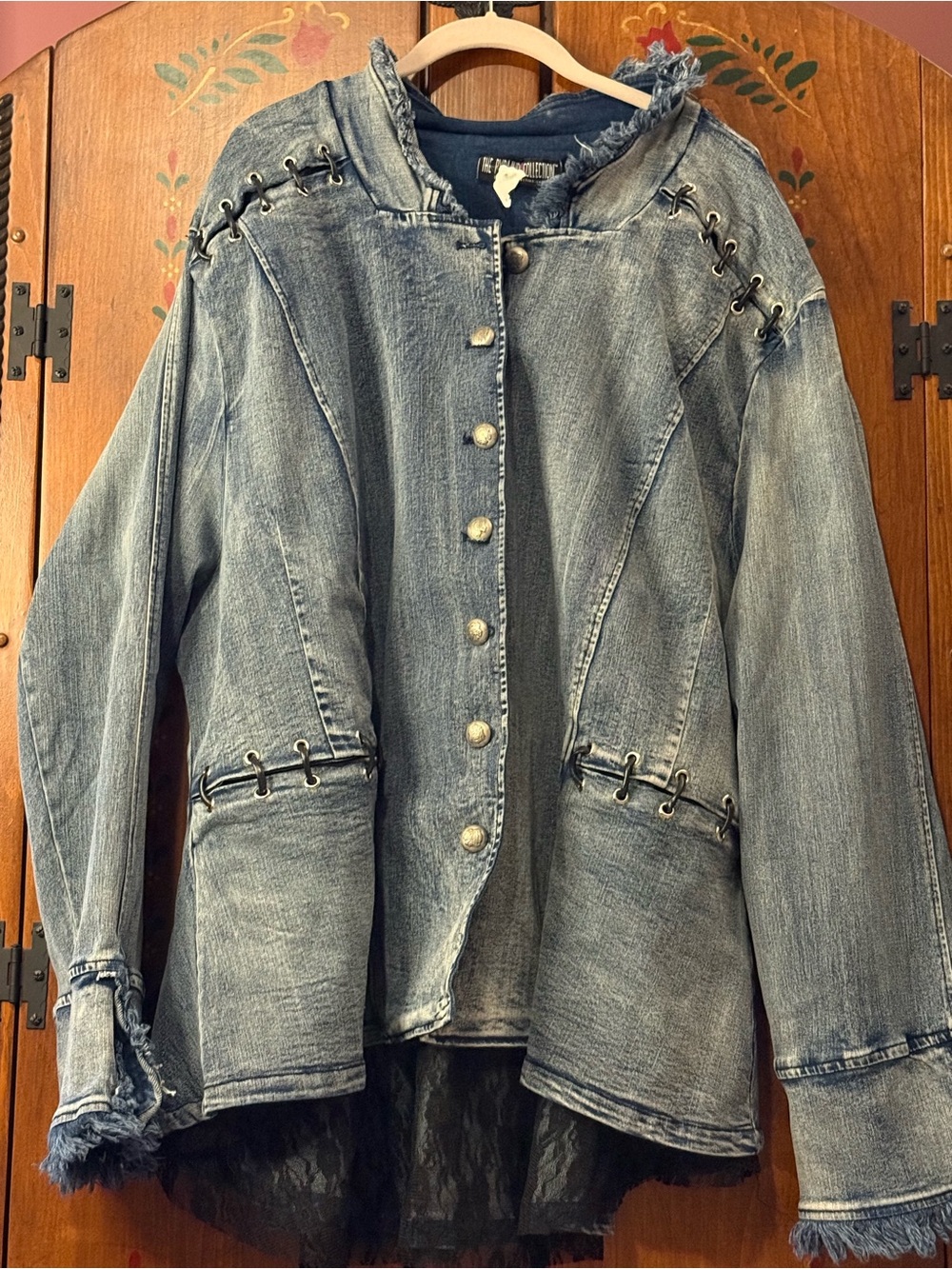 3X NEW Distressed Denim coat jacket Frayed Trim goth lace NEW TRIBAL LACE UP wow